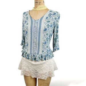 Boho Womens S Ruffle Floral Blouse Rose & Thyme Blue Paisley Peasant Top Cottege